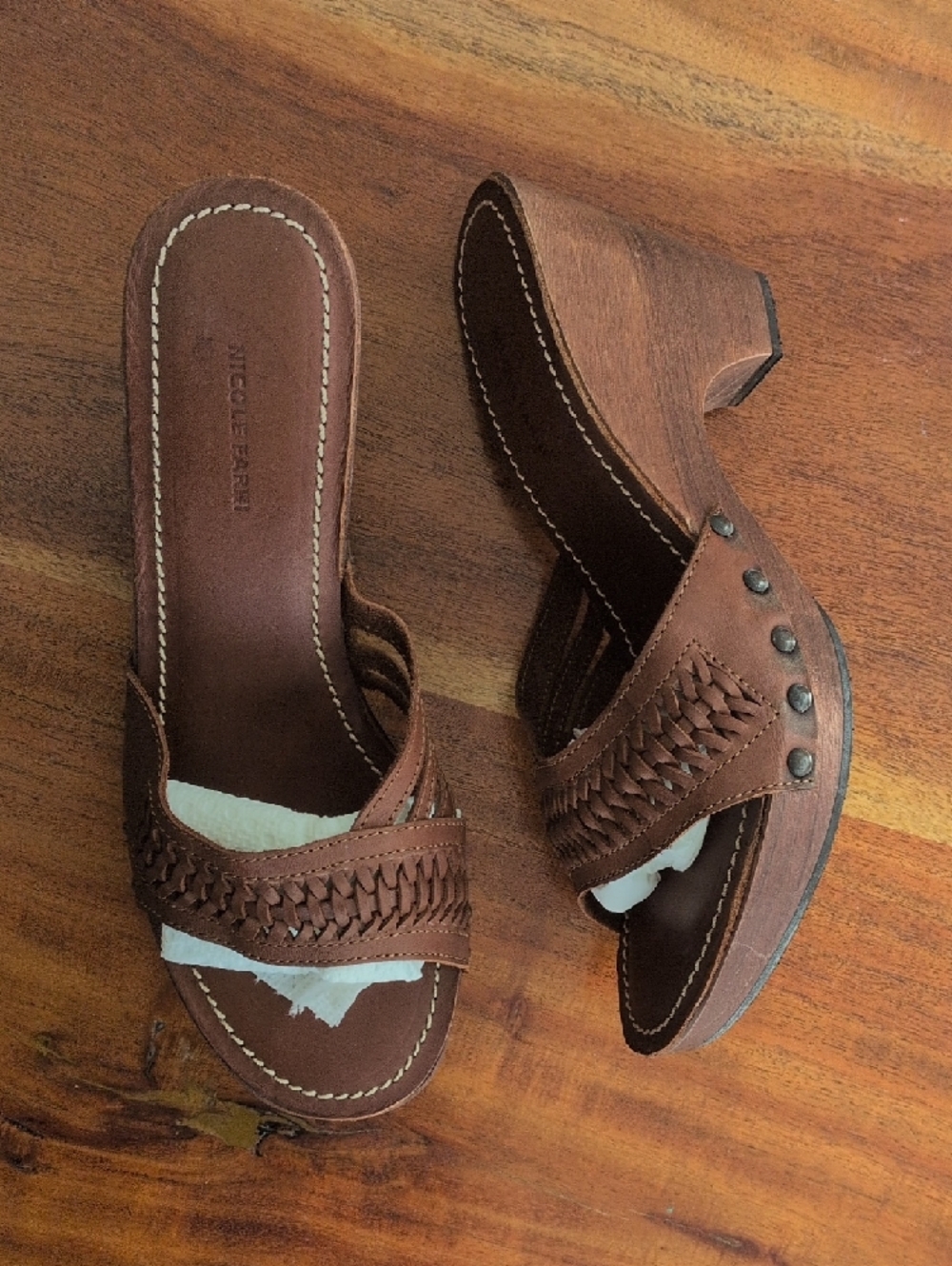 🆕 NICOLE FARHI Brown Woven Leather Slide Mules